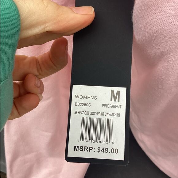 ~Bebe Sport Top medium PEONY Sleeve Sheer White Stripe On Arm Sequins Silver $49 - Picture 3 of 4